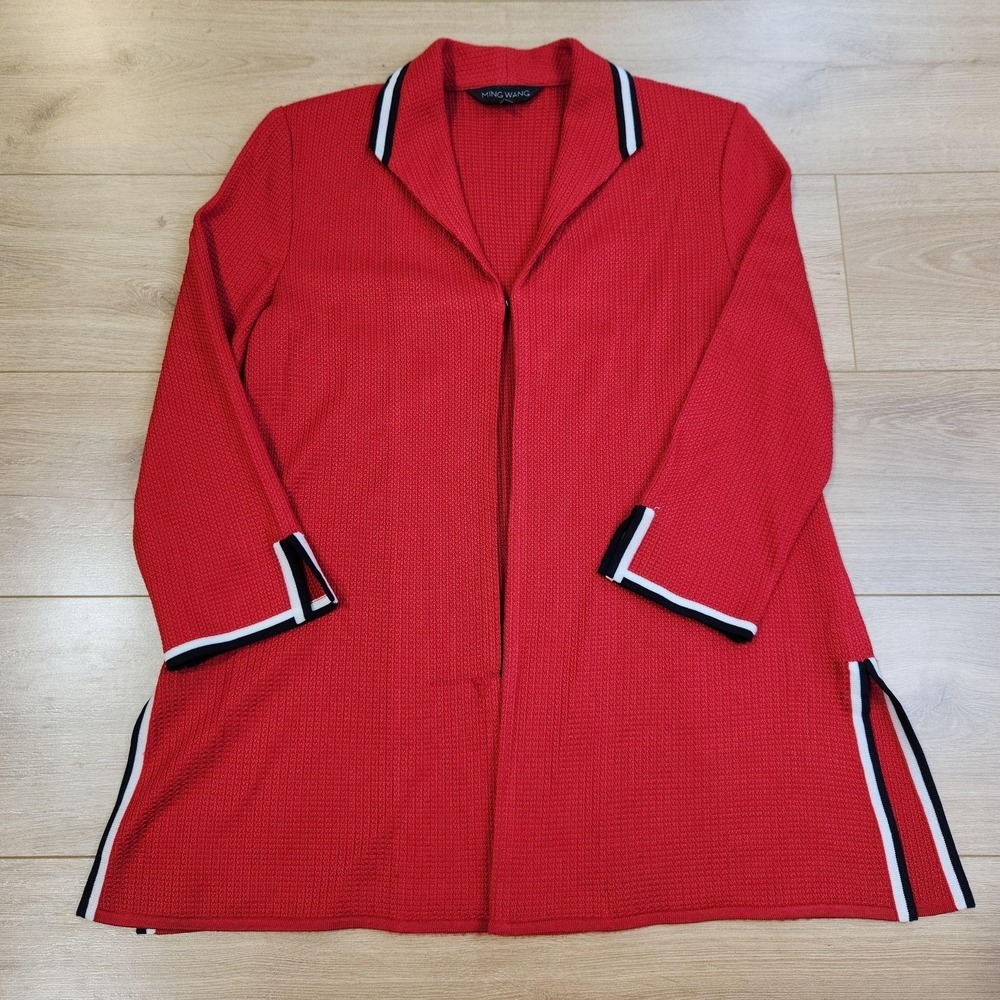 Ming Wang Sweater Womens Small Red Waffle Knit Open Front Collar Cardigan